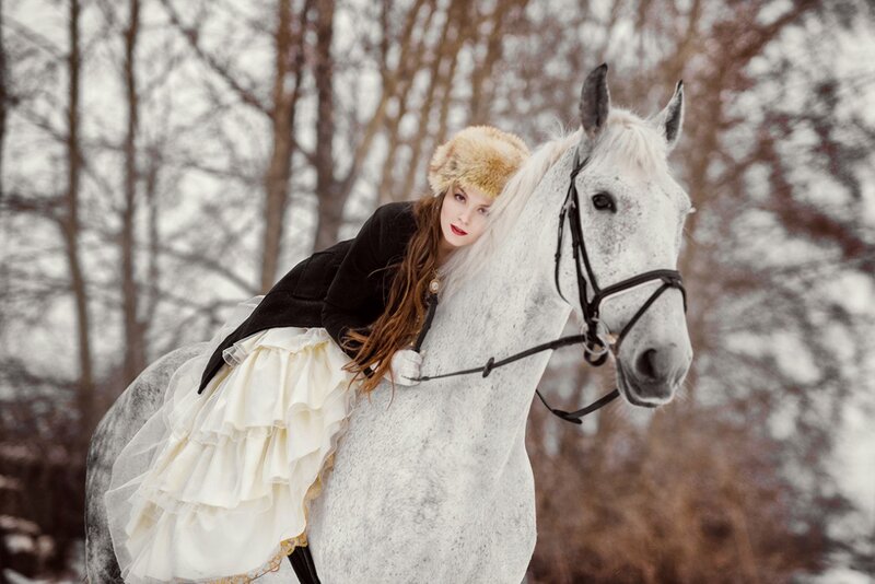Woman on White Horse — Dramatic, Winter, Photograph