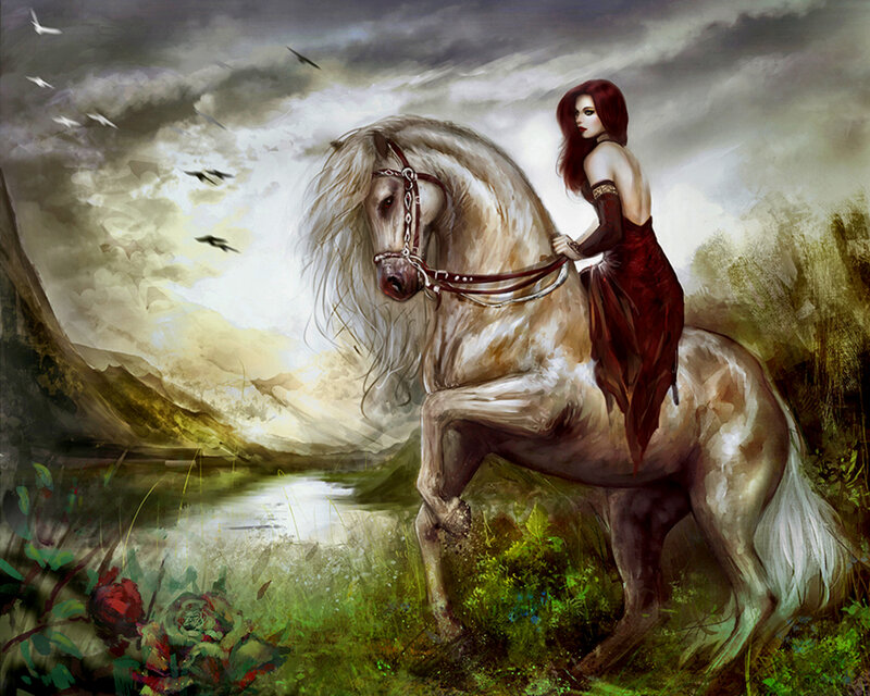 Woman on White Horse — Red, Dramatic, Digital Art