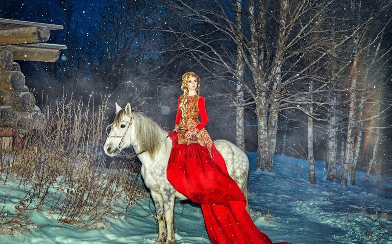 Woman on White Horse — Red, Dramatic
