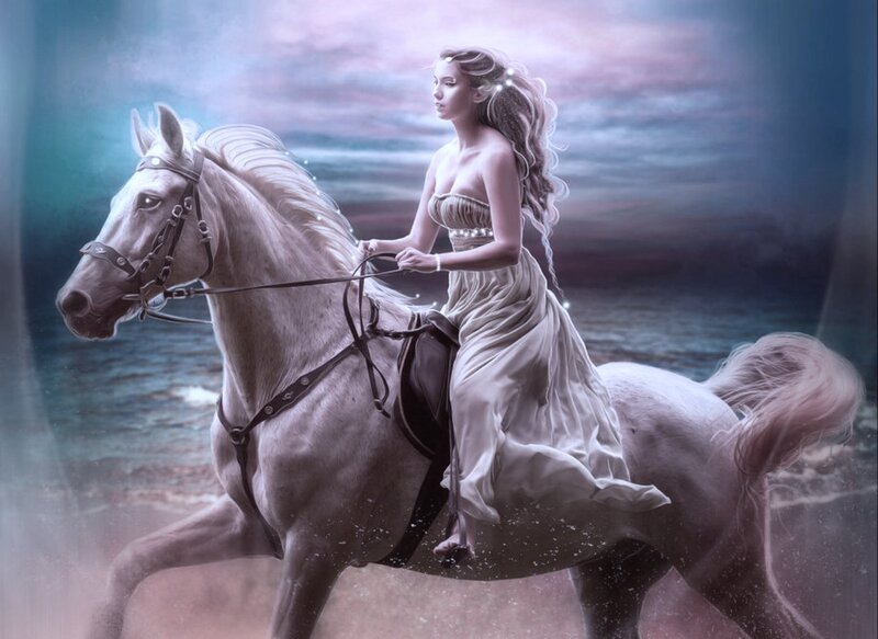 Woman on White Horse — Serene, Sunset
