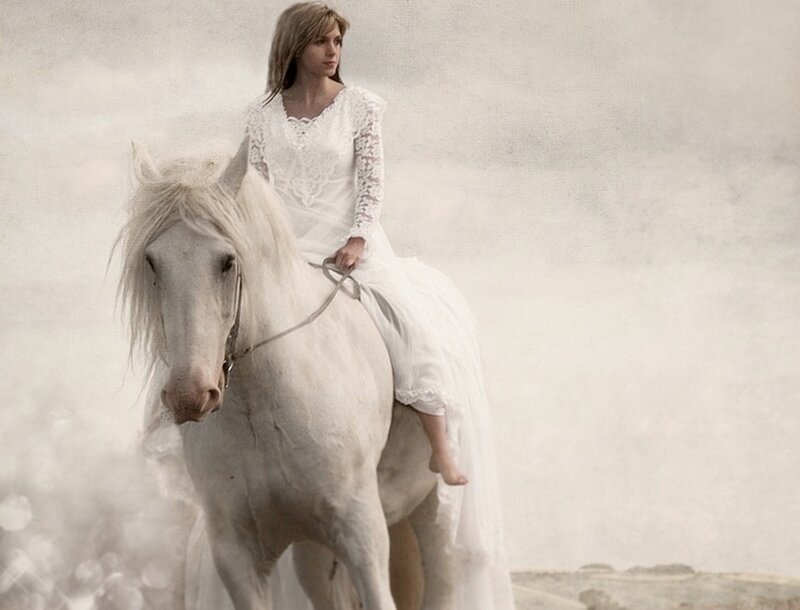 Woman on White Horse — Serene