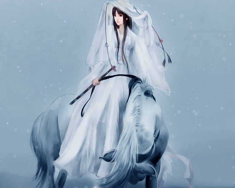 Woman on White Horse — Serene, Winter, Digital Art, Snow
