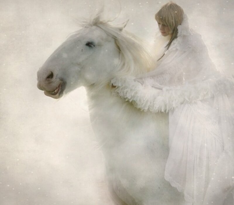 Woman on White Horse — Serene, Winter, Digital Art