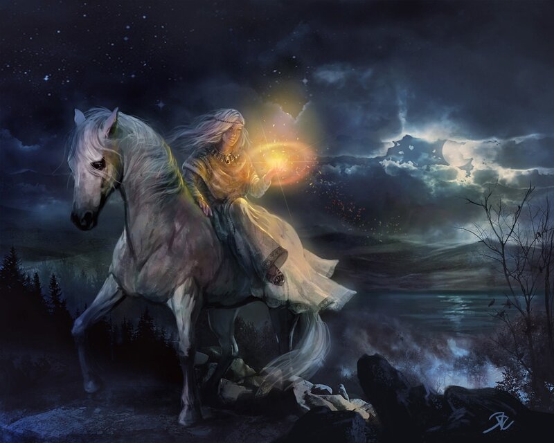 Woman on white horse with magic
