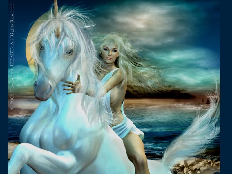 Woman on White Unicorn — Dramatic