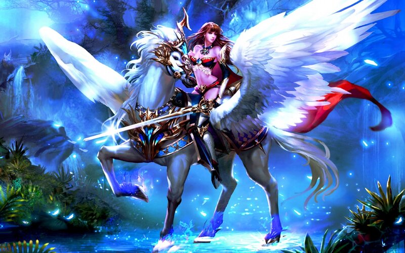 Woman on Winged Horse — Blue
