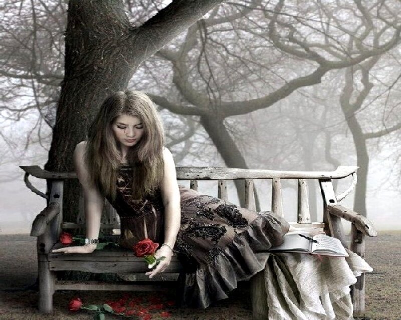 Woman on Wooden Bench — Brown