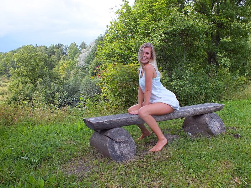 Woman on Wooden Bench — Green