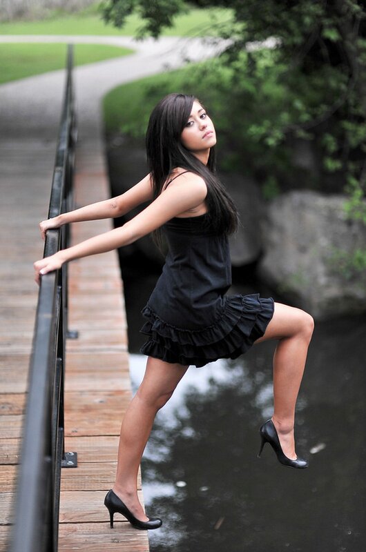 Woman on Wooden Bridge — Black, Dramatic, Afternoon