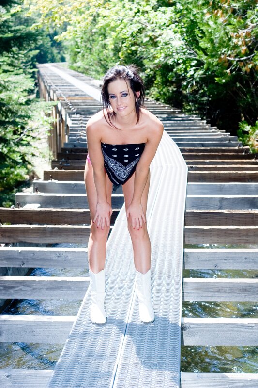 Woman on Wooden Bridge — Green, Outdoor