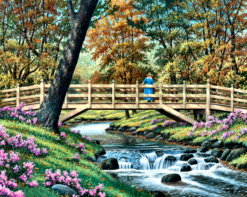 Woman on Wooden Bridge — Green, Serene, Autumn