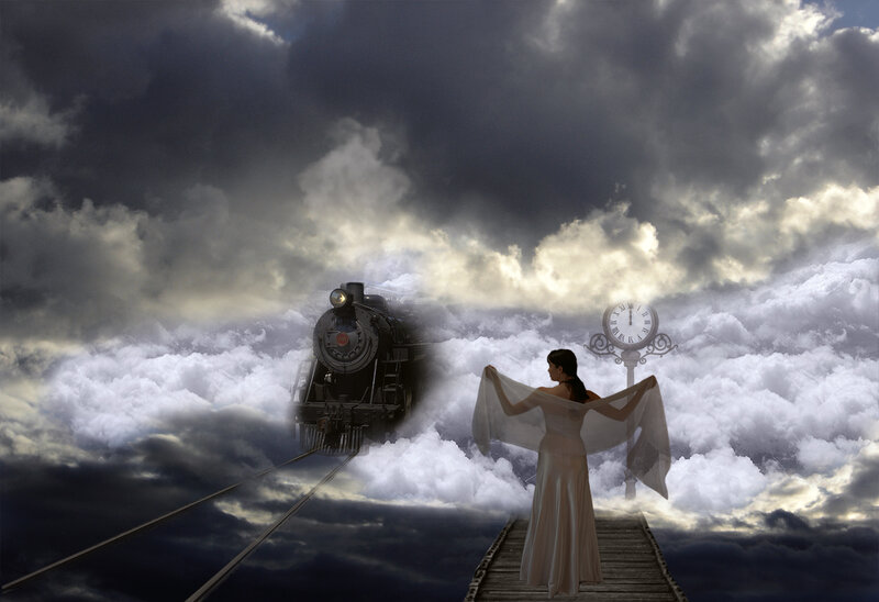 Woman on Wooden Bridge — White, Dramatic