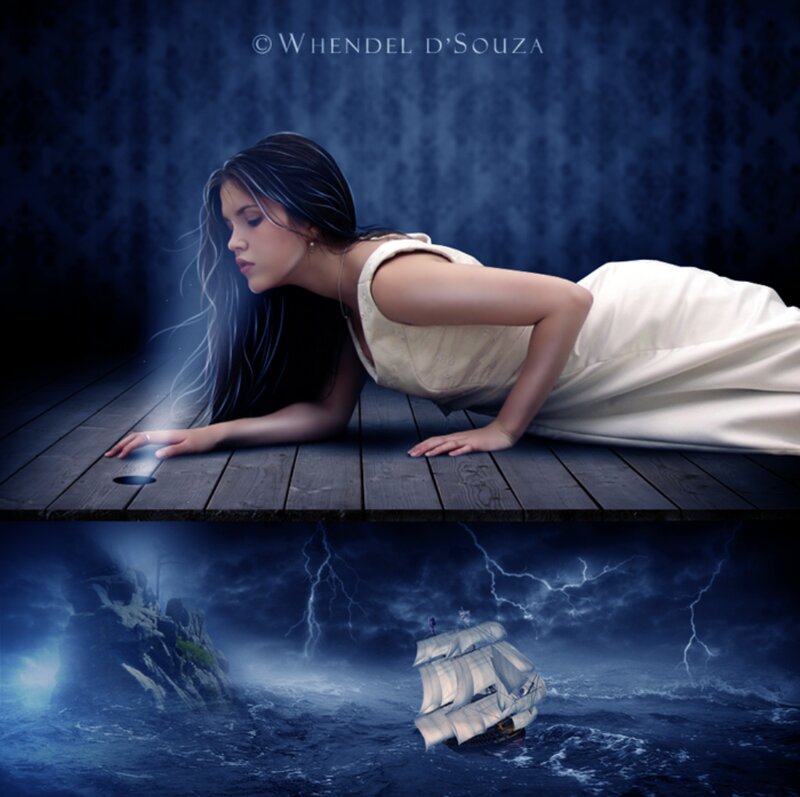 Woman on Wooden Deck — Blue, Dramatic