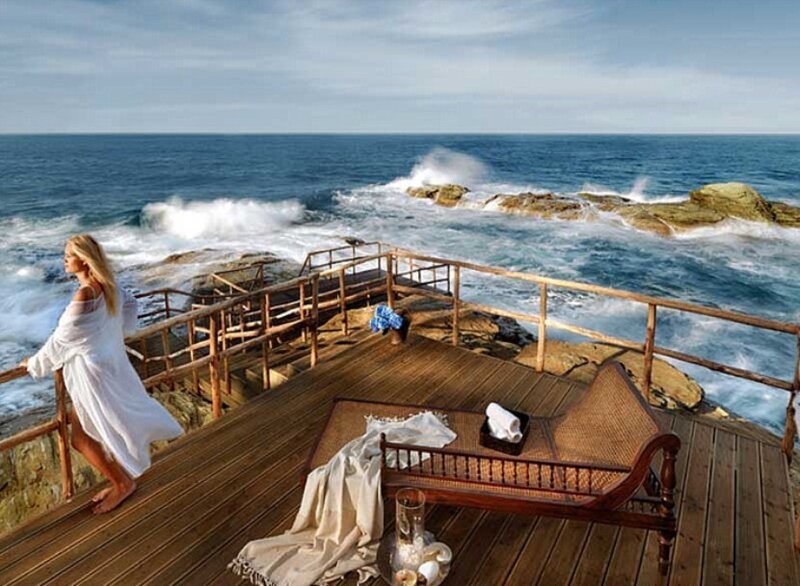 Woman on Wooden Deck — Blue