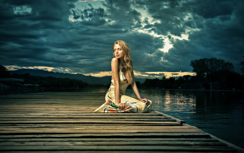 Woman on Wooden Dock — Blue, Dramatic, Sunset