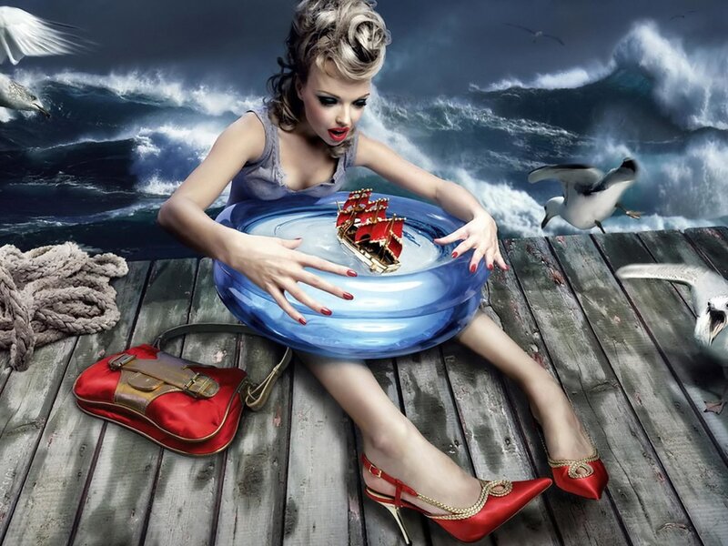 Woman on Wooden Dock — Blue