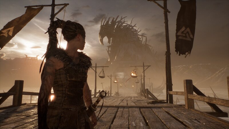 Woman on Wooden Dock — Brown, Dramatic