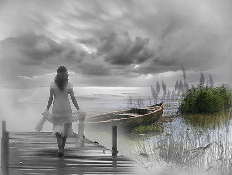 Woman on Wooden Dock — Gray