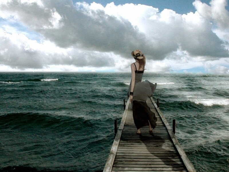 Woman on Wooden Pier — Blue, Dramatic, Afternoon, Photograph