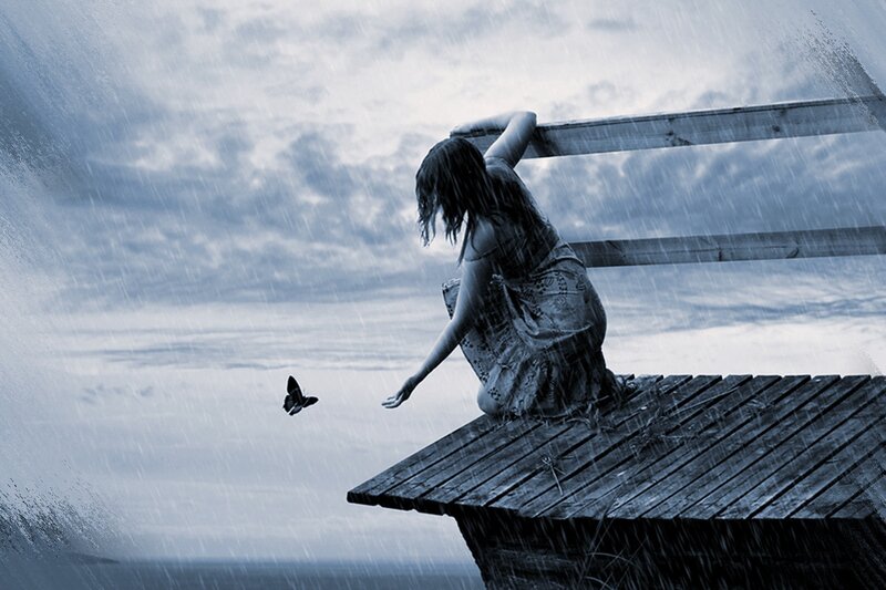 Woman on Wooden Pier — Blue, Melancholic