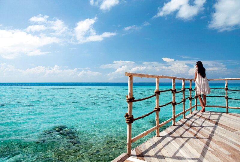 Woman on Wooden Pier — Blue, Serene, Afternoon