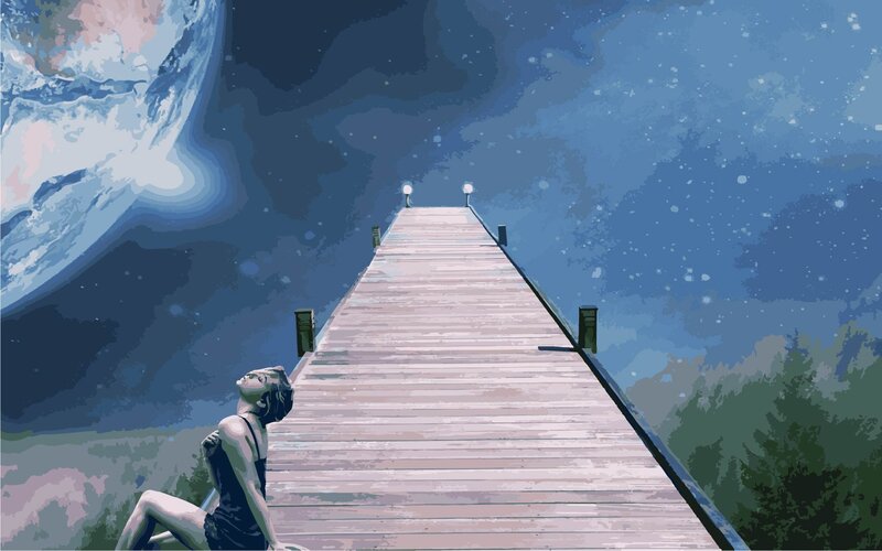 Woman on Wooden Pier — Blue, Serene, Night