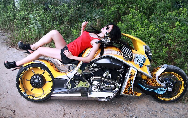 Woman on Yellow Motorcycle — Relaxed, Afternoon, Photograph