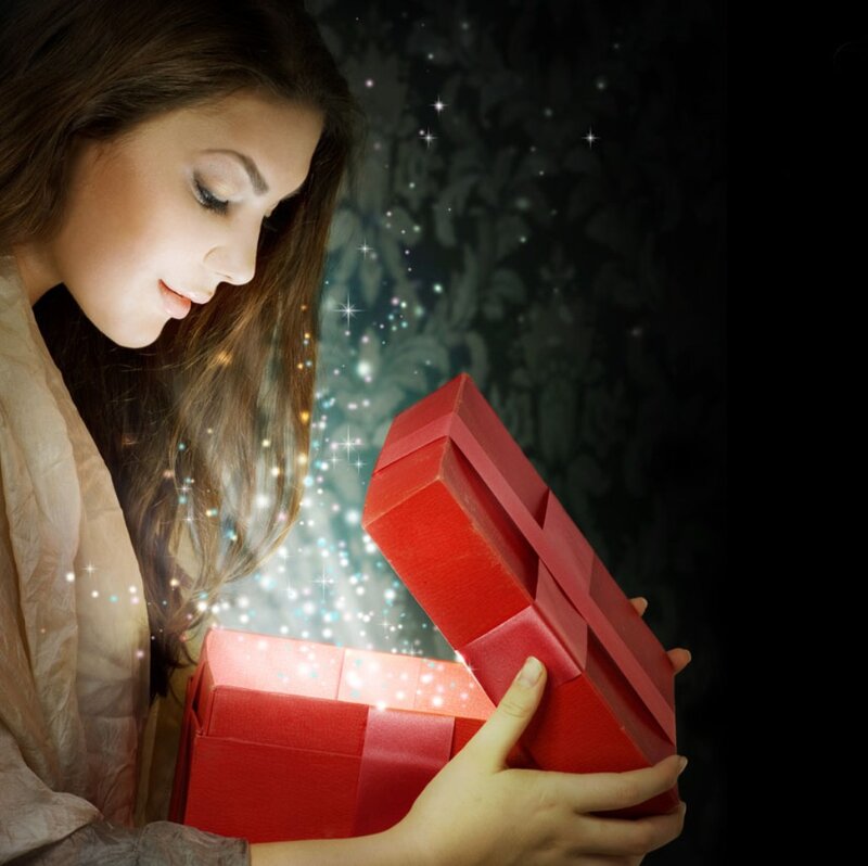 Woman Opening Gift Box — Red, Magical, Night
