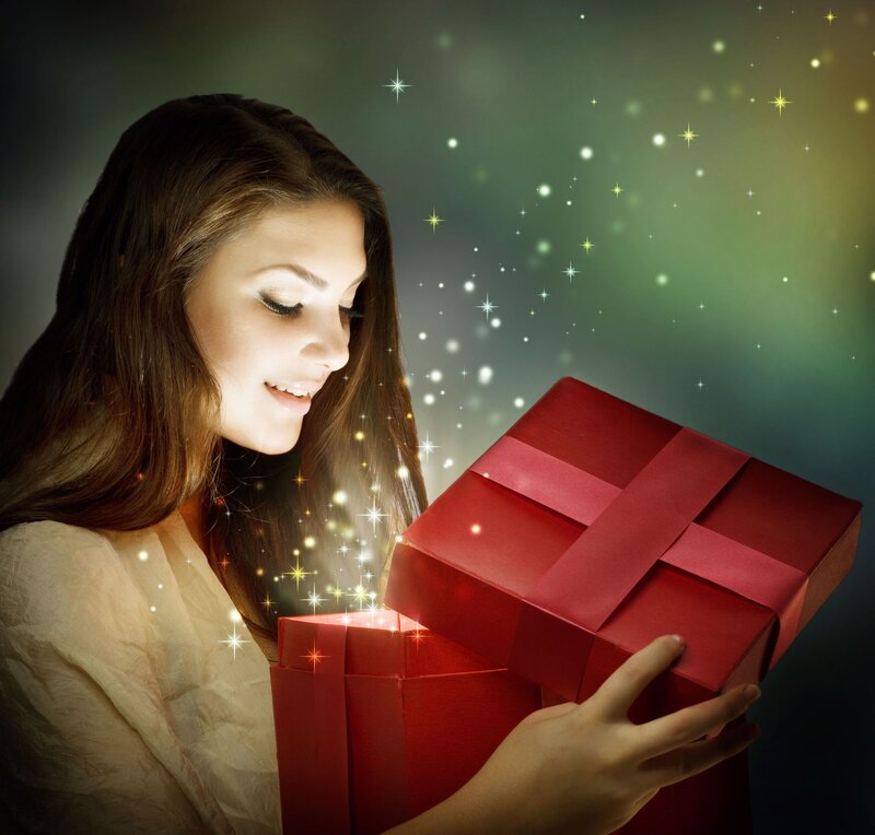 Woman Opening Gift Box — Red, Magical, Photograph