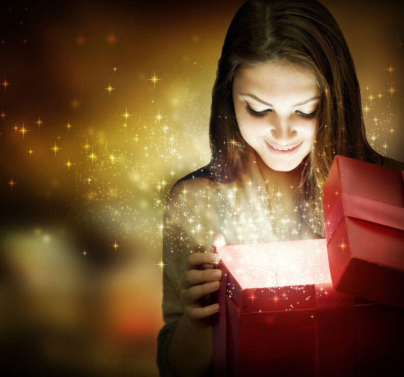 Woman Opening Gift Box — Red, Magical