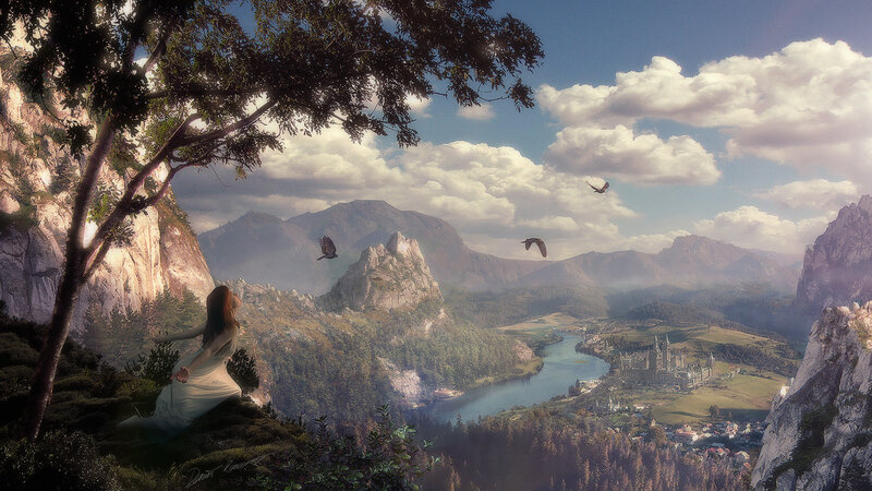 Woman overlooking a fantasy valley