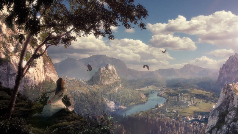 Woman overlooking a valley castle
