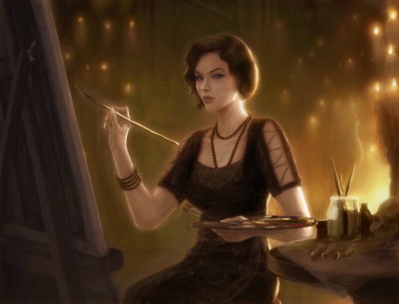 Woman Painting at Easel — Brown