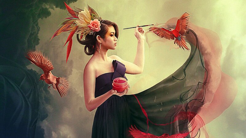 Woman Painting Birds — Black, Dramatic