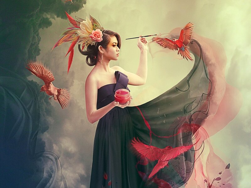 Woman Painting Birds — Black
