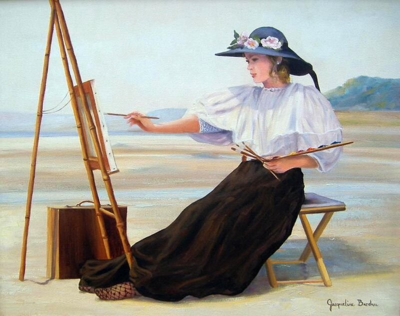 Woman Painting on Beach — White