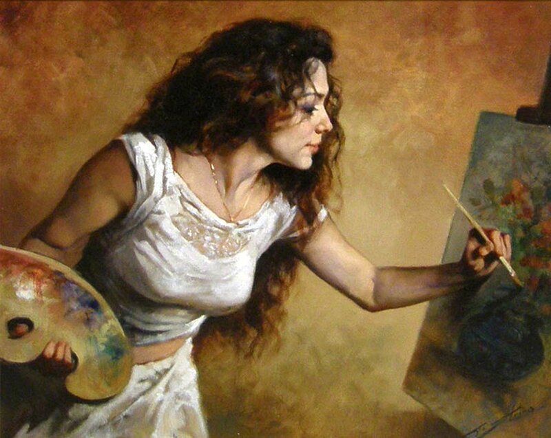 Woman Painting on Canvas — Brown