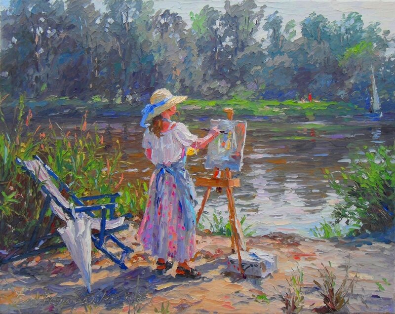 Woman Painting Outdoors — Green, Serene, Afternoon, Easel