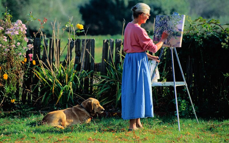 Woman Painting Outdoors — Green, Serene, Afternoon