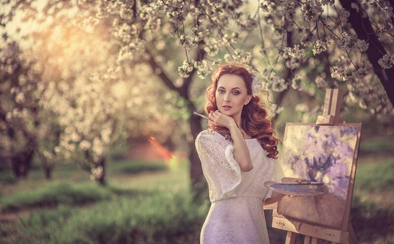 Woman Painting Outdoors — White