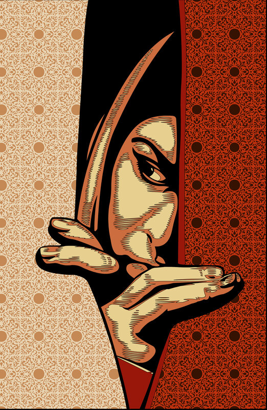 woman peeking from behind curtain