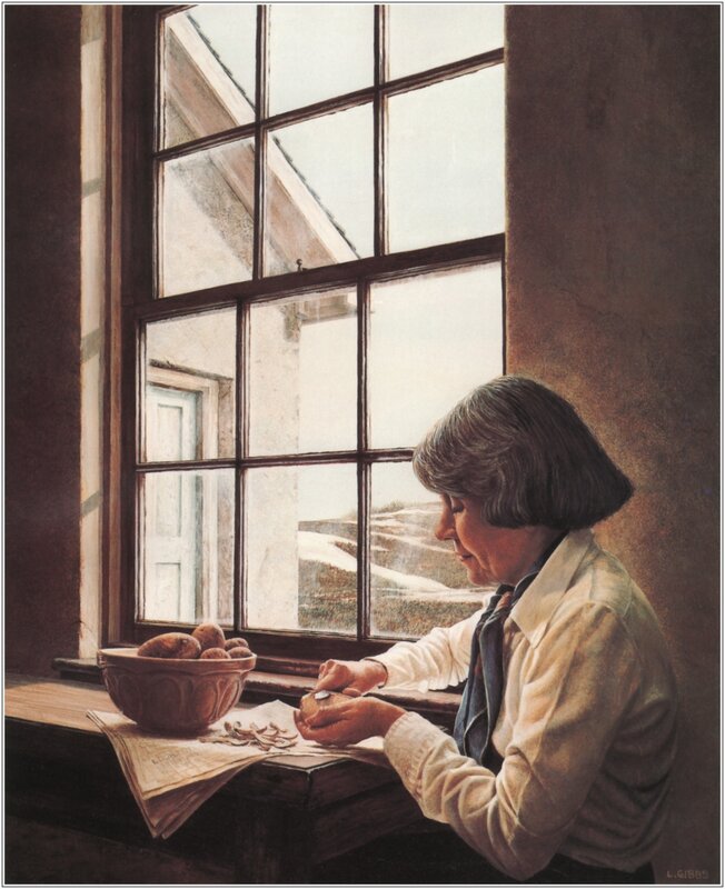 woman peeling potatoes by window