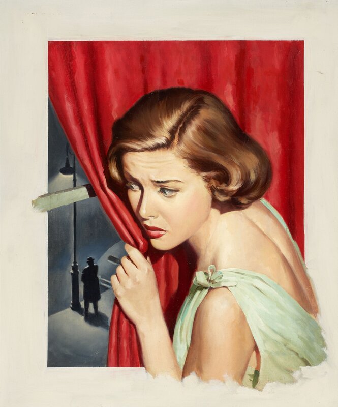 Woman peering from behind curtain
