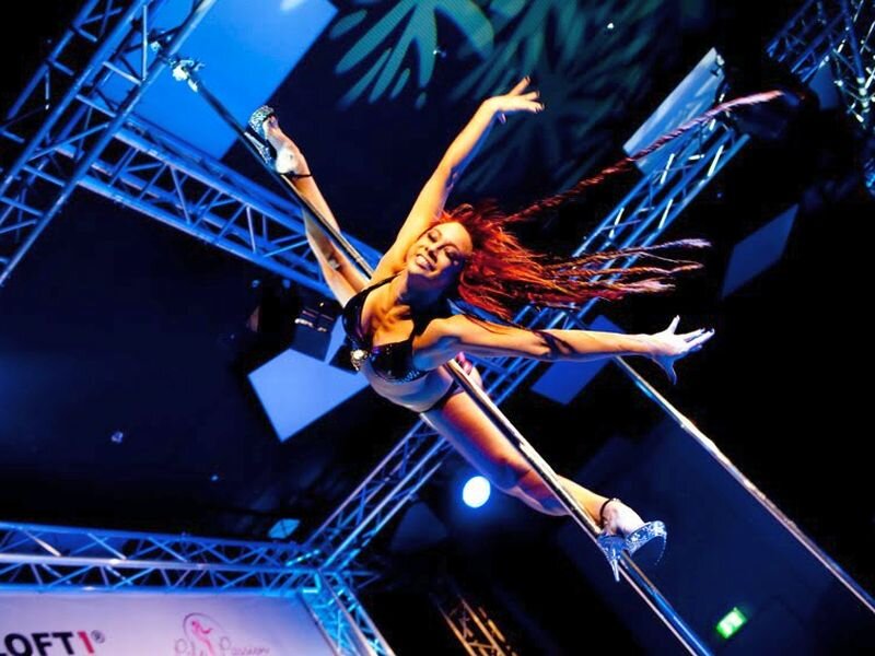 Woman Performing on Pole — Blue