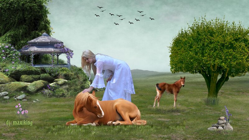 Woman Petting a Horse — Green