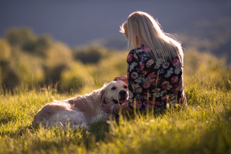 Woman Petting Golden Retriever — Green