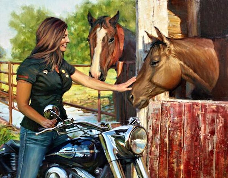 Woman Petting Horses — Brown