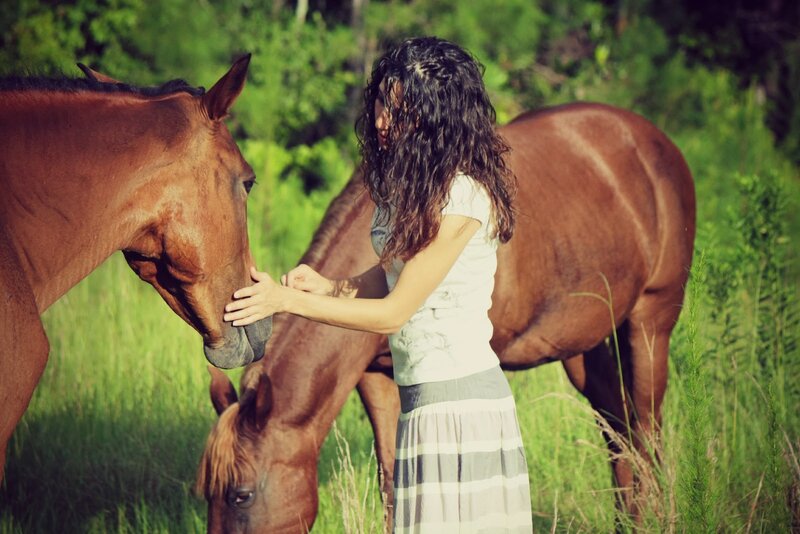 Woman Petting Horses