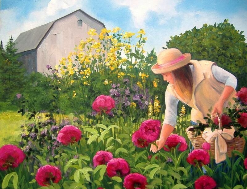 Woman Picking Flowers — Green
