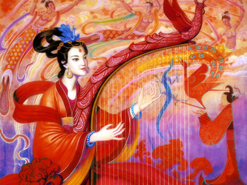 Woman playing a harp with celestial beings
